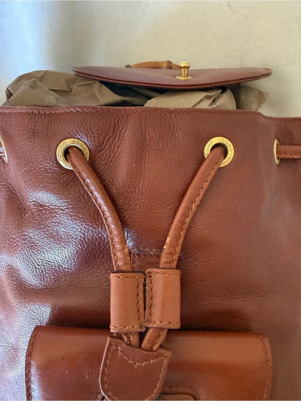GUCCI leather backpack with gold and bamboo handle